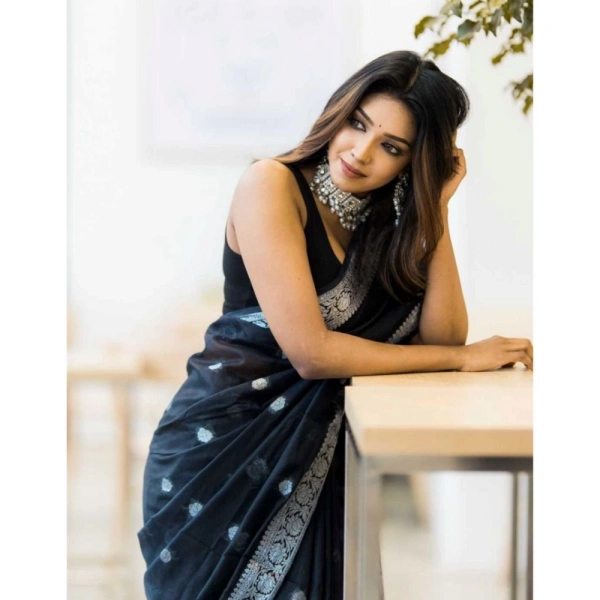 Generic Women's Cotton Printed Saree With Unstitched Blouse 5.5Mtr (Black) - Black