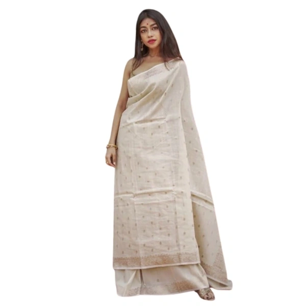 Generic Women's Cotton Printed Saree With Unstitched Blouse 5.5Mtr (Cream) - Cream
