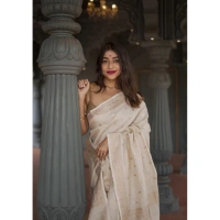 Generic Women's Cotton Printed Saree With Unstitched Blouse 5.5Mtr (Cream) - Cream
