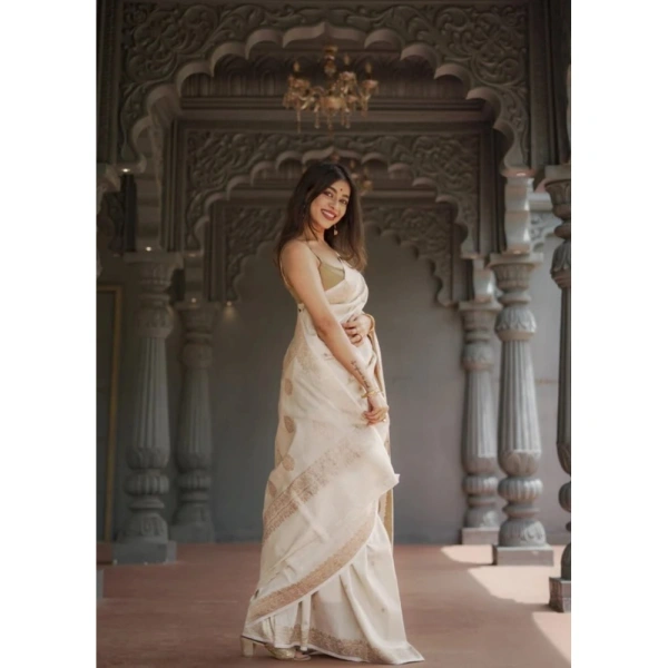 Generic Women's Cotton Printed Saree With Unstitched Blouse 5.5Mtr (Cream) - Cream