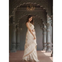 Generic Women's Cotton Printed Saree With Unstitched Blouse 5.5Mtr (Cream) - Cream