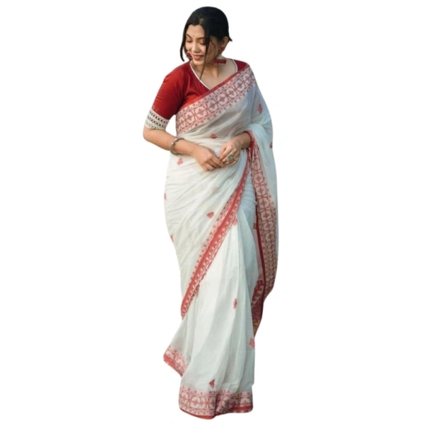 Generic Women's Cotton Printed Saree With Unstitched Blouse 5.5Mtr (White-Red) - White-Red