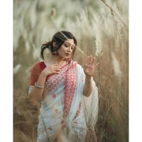 Generic Women's Cotton Printed Saree With Unstitched Blouse 5.5Mtr (White-Red) - White-Red