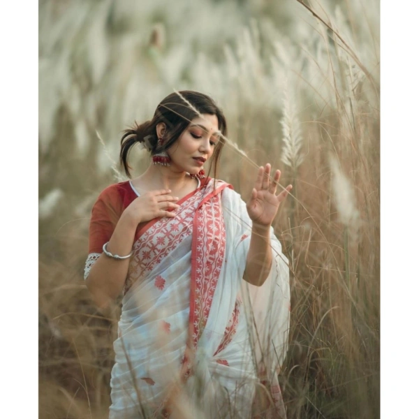 Generic Women's Cotton Printed Saree With Unstitched Blouse 5.5Mtr (White-Red) - White-Red