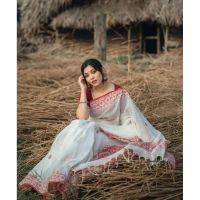 Generic Women's Cotton Printed Saree With Unstitched Blouse 5.5Mtr (White-Red) - White-Red