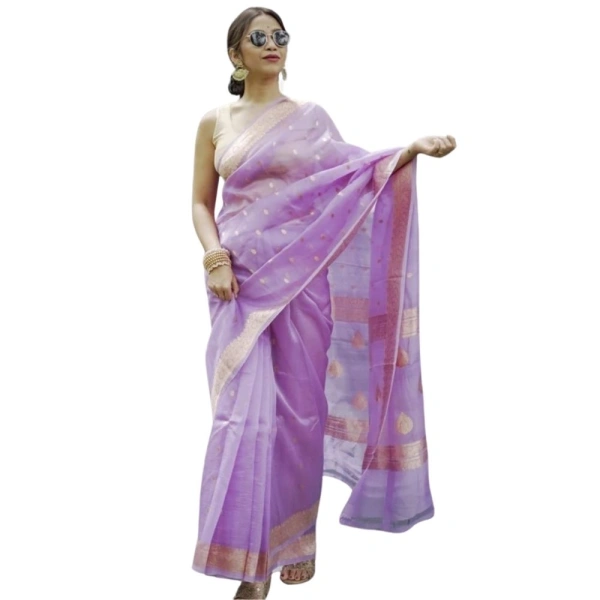 Generic Women's Cotton Printed Saree With Unstitched Blouse 5.5Mtr (Lavender) - Lavender