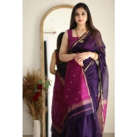 Generic Women's Cotton Printed Saree With Unstitched Blouse 5.5Mtr (Navy Blue) - Navy Blue