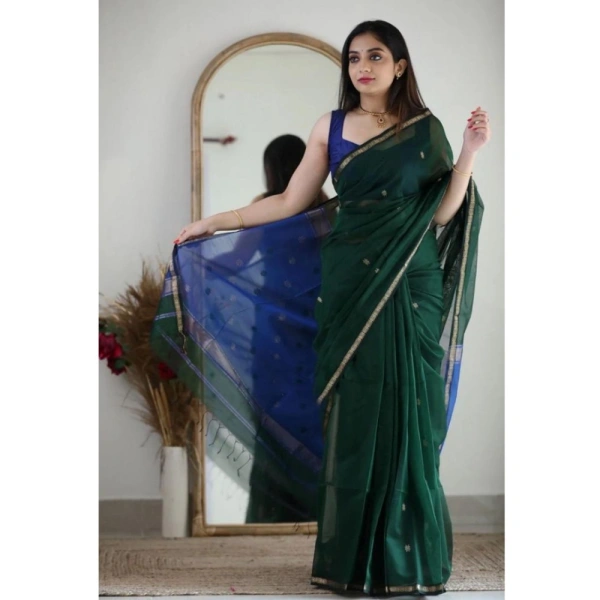 Generic Women's Cotton Printed Saree With Unstitched Blouse 5.5Mtr (Green) - Green