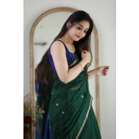 Generic Women's Cotton Printed Saree With Unstitched Blouse 5.5Mtr (Green) - Green
