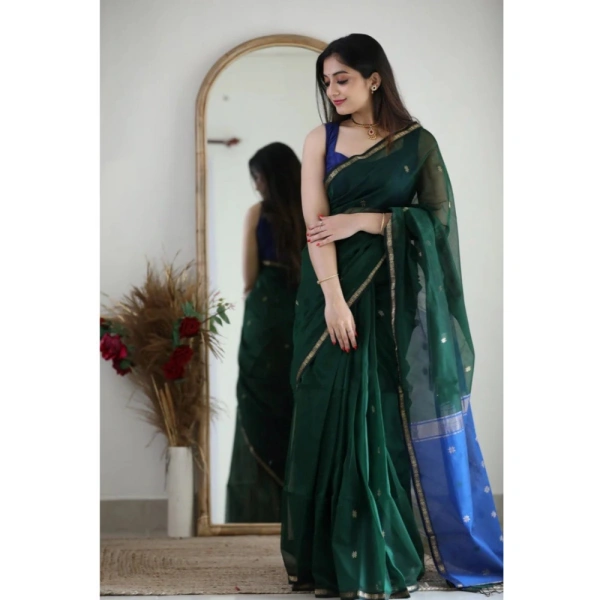 Generic Women's Cotton Printed Saree With Unstitched Blouse 5.5Mtr (Green) - Green