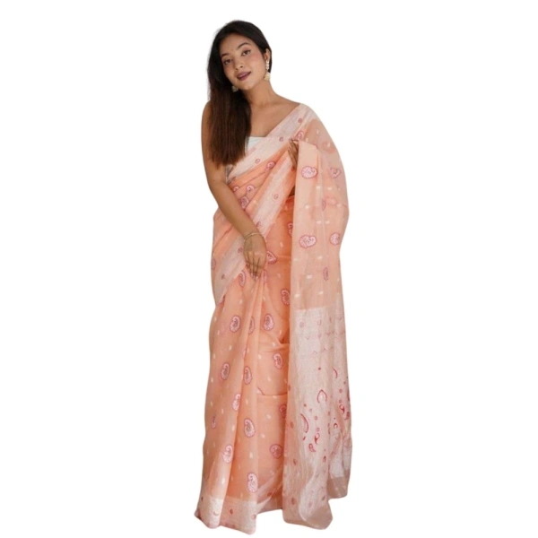 Generic Women's Cotton Printed Saree With Unstitched Blouse 5.5Mtr (Peach) - Peach