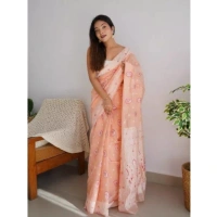 Generic Women's Cotton Printed Saree With Unstitched Blouse 5.5Mtr (Peach) - Peach