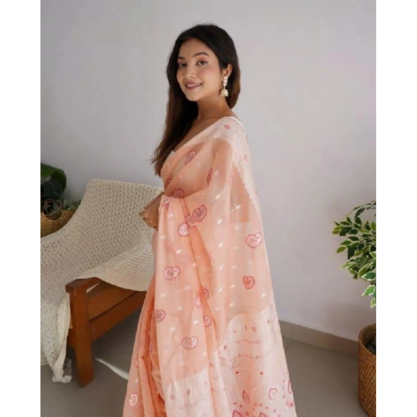 Generic Women's Cotton Printed Saree With Unstitched Blouse 5.5Mtr (Peach) - Peach