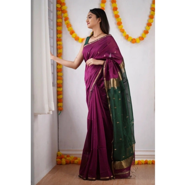 Generic Women's Cotton Printed Saree With Unstitched Blouse 5.5Mtr (Wine) - Wine