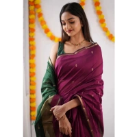 Generic Women's Cotton Printed Saree With Unstitched Blouse 5.5Mtr (Wine) - Wine