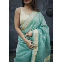 Generic Women's Cotton Printed Saree With Unstitched Blouse 5.5Mtr (Sky) - Sky