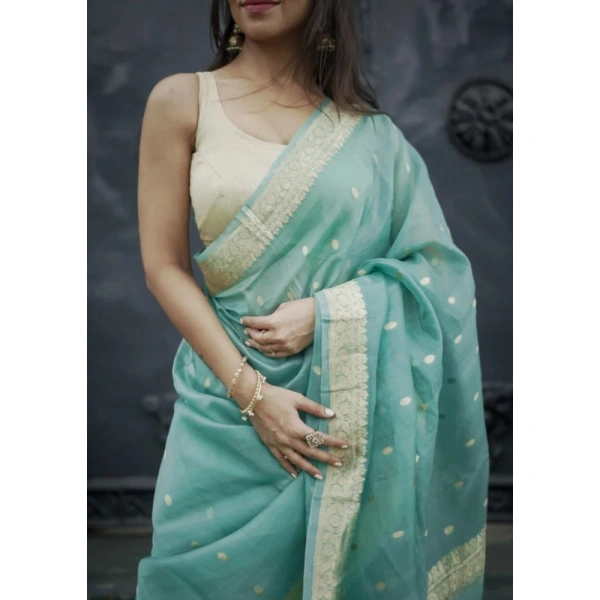 Generic Women's Cotton Printed Saree With Unstitched Blouse 5.5Mtr (Sky) - Sky