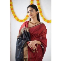 Generic Women's Cotton Printed Saree With Unstitched Blouse 5.5Mtr (Red) - Red