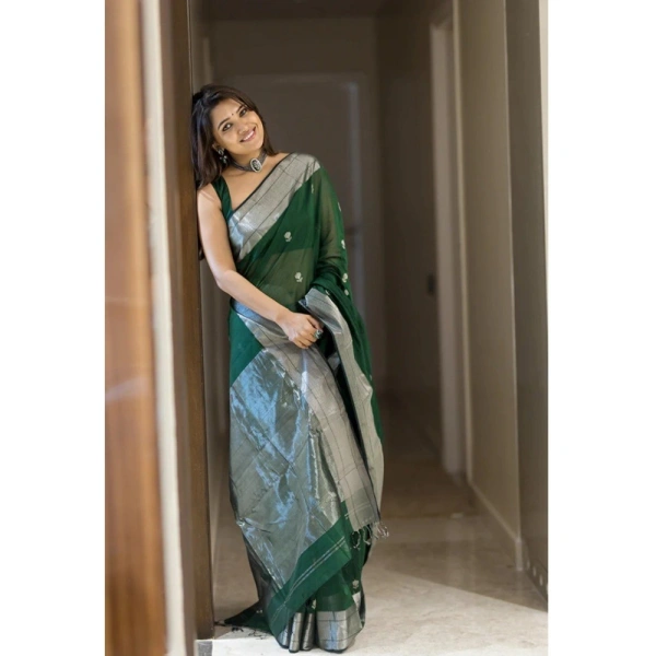 Generic Women's Cotton Printed Saree With Unstitched Blouse 5.5Mtr (Green) - Green