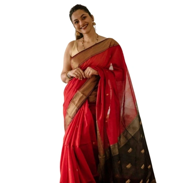 Generic Women's Cotton Printed Saree With Unstitched Blouse 5.5Mtr (Red) - Red