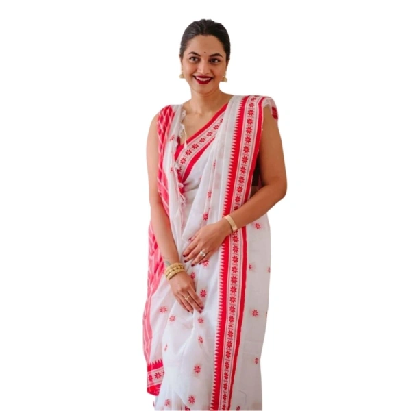 Generic Women's Cotton Printed Saree With Unstitched Blouse 5.5Mtr (White-Pink) - White-Pink