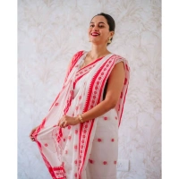 Generic Women's Cotton Printed Saree With Unstitched Blouse 5.5Mtr (White-Pink) - White-Pink