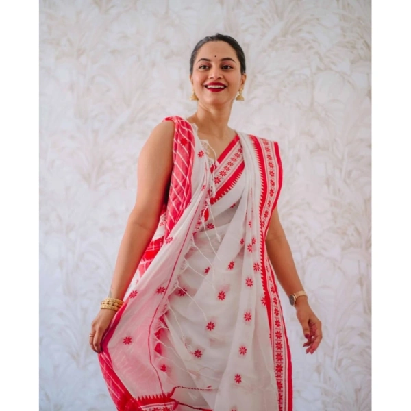 Generic Women's Cotton Printed Saree With Unstitched Blouse 5.5Mtr (White-Pink) - White-Pink
