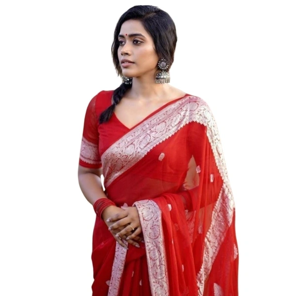 Generic Women's Cotton Printed Saree With Unstitched Blouse 5.5Mtr (Red) - Red
