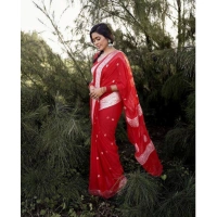 Generic Women's Cotton Printed Saree With Unstitched Blouse 5.5Mtr (Red) - Red