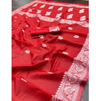 Generic Women's Cotton Printed Saree With Unstitched Blouse 5.5Mtr (Red) - Red