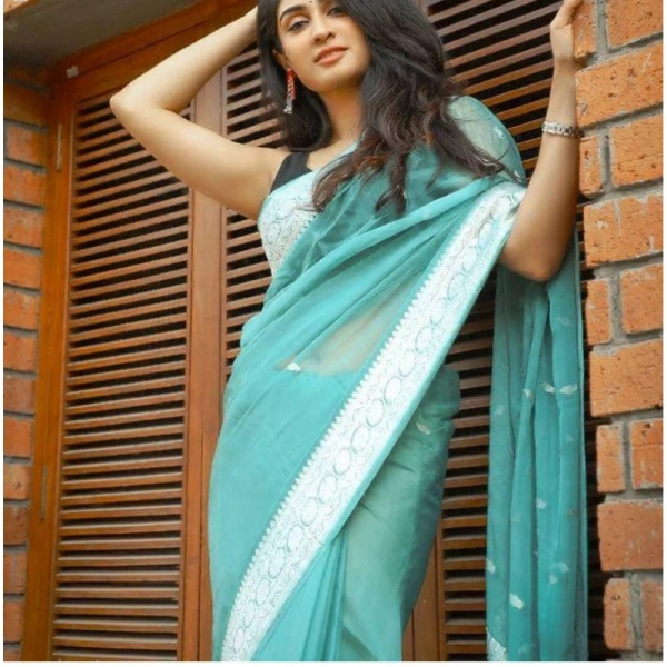 Generic Women's Cotton Printed Saree With Unstitched Blouse 5.5Mtr (Sky Blue) - Sky Blue