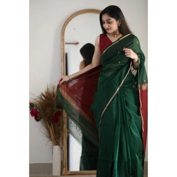 Generic Women's Cotton Printed Saree With Unstitched Blouse 5.5Mtr (Dark Green) - Dark Green