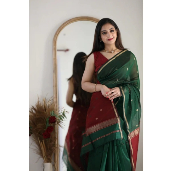 Generic Women's Cotton Printed Saree With Unstitched Blouse 5.5Mtr (Dark Green) - Dark Green