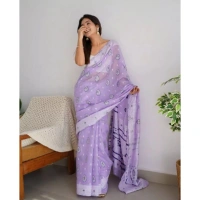 Generic Women's Cotton Printed Saree With Unstitched Blouse 5.5Mtr (Lavender) - Lavender