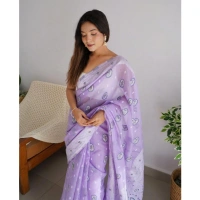 Generic Women's Cotton Printed Saree With Unstitched Blouse 5.5Mtr (Lavender) - Lavender