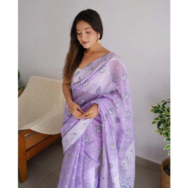 Generic Women's Cotton Printed Saree With Unstitched Blouse 5.5Mtr (Lavender) - Lavender