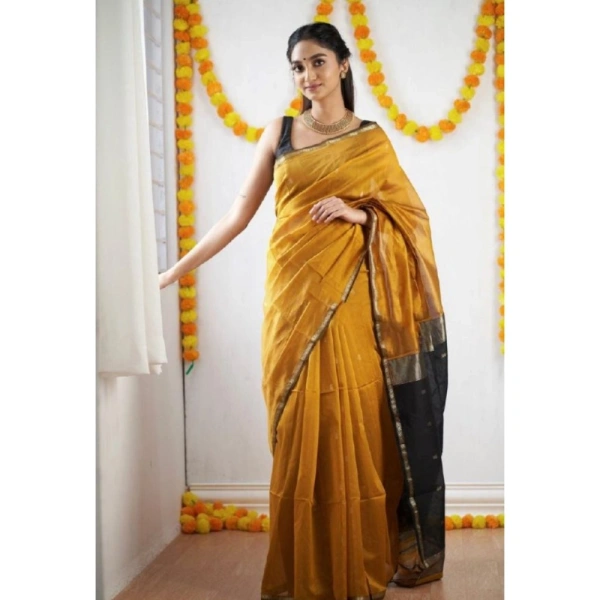 Generic Women's Cotton Printed Saree With Unstitched Blouse 5.5Mtr (Yellow) - Yellow