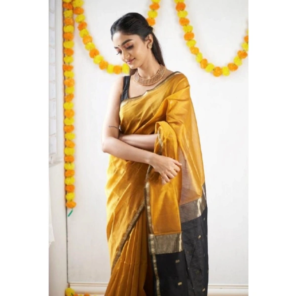 Generic Women's Cotton Printed Saree With Unstitched Blouse 5.5Mtr (Yellow) - Yellow