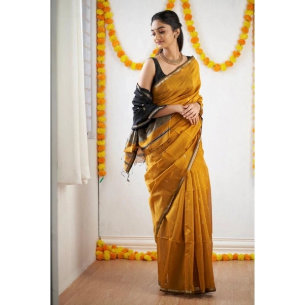 Generic Women's Cotton Printed Saree With Unstitched Blouse 5.5Mtr (Yellow) - Yellow