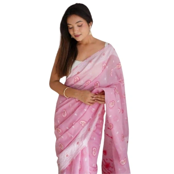 Generic Women's Cotton Printed Saree With Unstitched Blouse 5.5Mtr (Pink) - Pink