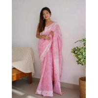 Generic Women's Cotton Printed Saree With Unstitched Blouse 5.5Mtr (Pink) - Pink