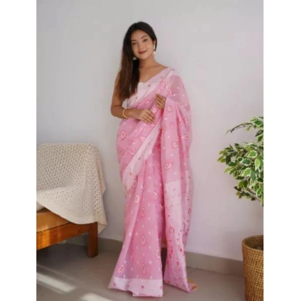 Generic Women's Cotton Printed Saree With Unstitched Blouse 5.5Mtr (Pink) - Pink