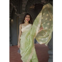 Generic Women's Cotton Printed Saree With Unstitched Blouse 5.5Mtr (Pista) - Pista