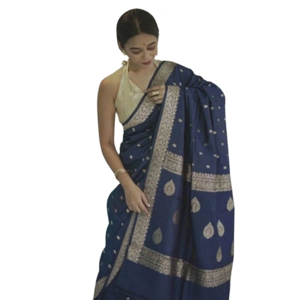 Generic Women's Cotton Printed Saree With Unstitched Blouse 5.5Mtr (Navy Blue) - Navy Blue