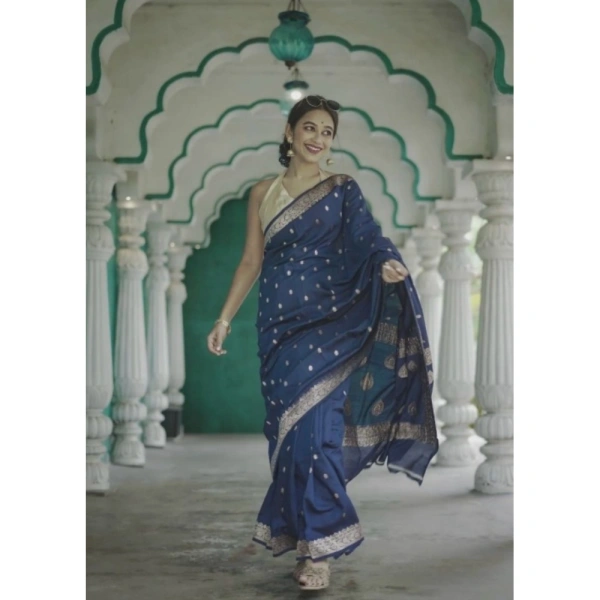 Generic Women's Cotton Printed Saree With Unstitched Blouse 5.5Mtr (Navy Blue) - Navy Blue