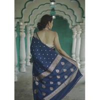 Generic Women's Cotton Printed Saree With Unstitched Blouse 5.5Mtr (Navy Blue) - Navy Blue