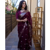Generic Women's Cotton Printed Saree With Unstitched Blouse 5.5Mtr (Maroon) - Maroon