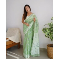 Generic Women's Cotton Printed Saree With Unstitched Blouse 5.5Mtr (Pista) - Pista