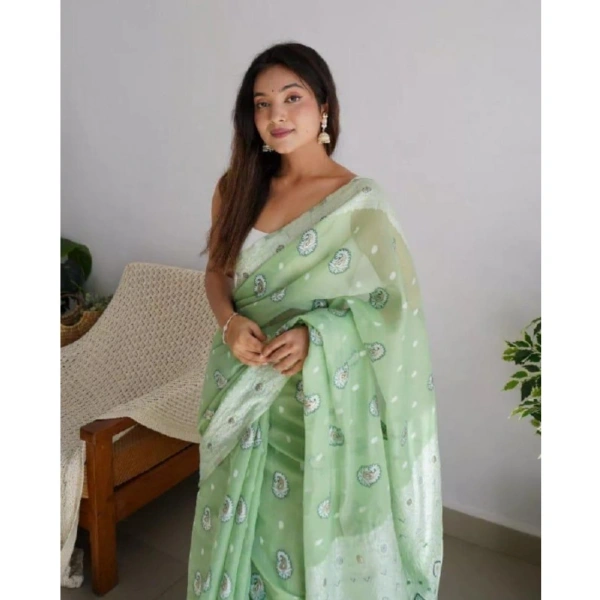 Generic Women's Cotton Printed Saree With Unstitched Blouse 5.5Mtr (Pista) - Pista
