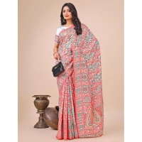 Generic Women's Cotton Printed Saree With Unstitched Blouse 5.5Mtr (White) - White